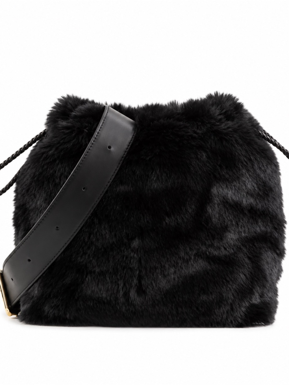 Furla Caos Black Onyx Faux Fur Drawstring Shoulder Bag Gold Hardware